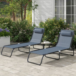 Outsunny 2 Pcs Folding Beach Chair Chaise Lounge 4 Adjustable Positions, Grey - thumbnail 1