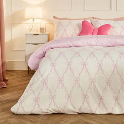 Bow Lattice Bedding Set Microfibre Reversible Duvet Cover With Pillowcase Pink/white King - image 1