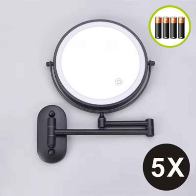 8 Inch Black Wall Mounted Bathroom Mirror With 5X  Magnification Battery Operated And Adjustable Dimming Light - image 1