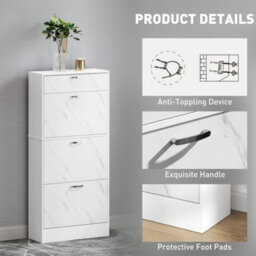 Marble White Shoe Cabinet With 4 Drawers Storage Cupboard W/ Flip Doors For 18 Pairs - thumbnail 5