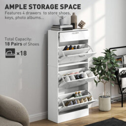 Marble White Shoe Cabinet With 4 Drawers Storage Cupboard W/ Flip Doors For 18 Pairs - thumbnail 3
