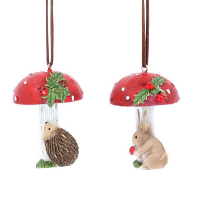 Gisela Graham Christmas Set Of Two Woodland Animals On Toadstools Hanging Decorations, Resin, 6.5 X 4.5 Cm Each