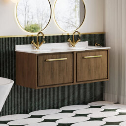 Hudson Reed Lille Wall Hung Single Drawer Contemporary Vanity Unit With Marble Top & Double Basin In Antique Oak, 1220 X 470mm - thumbnail 4