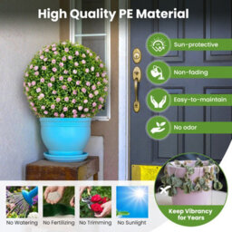 Costway 2 Pcs Artificial Plant Topiary Balls 37Cm Faux Decorative Balls W/ Pink Flowers - thumbnail 6
