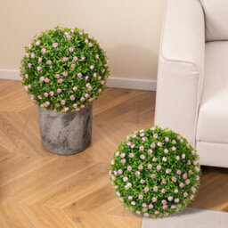 Costway 2 Pcs Artificial Plant Topiary Balls 37Cm Faux Decorative Balls W/ Pink Flowers