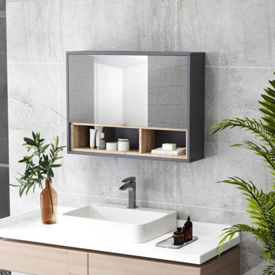 Grey Wall Mounted Bathroom Cabinet With Mirror And Shelves