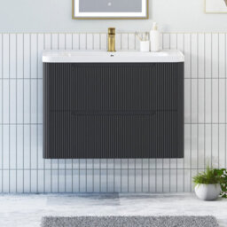 Royal Bathrooms Avenza 800mm Fluted Wall Hung Vanity Unit Matt Obsidian Black 2 Drawer Storage Cabinet With Ceramic Basin - thumbnail 1
