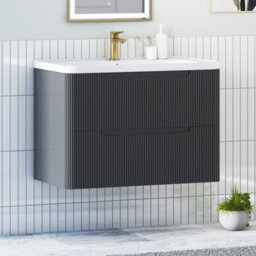 Royal Bathrooms Avenza 800mm Fluted Wall Hung Vanity Unit Matt Obsidian Black 2 Drawer Storage Cabinet With Ceramic Basin - thumbnail 6