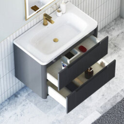 Royal Bathrooms Avenza 800mm Fluted Wall Hung Vanity Unit Matt Obsidian Black 2 Drawer Storage Cabinet With Ceramic Basin - thumbnail 5