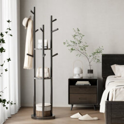 Yqjjgl Solid Wood Coat Rack With 3 Shelves And Hooks Black Clothes Rail Clothes Rack - thumbnail 2