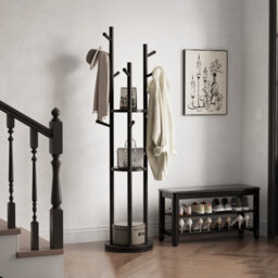 Yqjjgl Solid Wood Coat Rack With 3 Shelves And Hooks Black Clothes Rail Clothes Rack - thumbnail 3