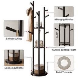 Yqjjgl Solid Wood Coat Rack With 3 Shelves And Hooks Black Clothes Rail Clothes Rack - thumbnail 5