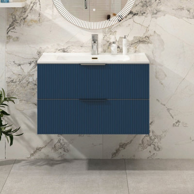 Royal Bathrooms Evora 800mm Midnight Blue Fluted Wall Hung Bathroom Vanity Unit 2 Drawer Cabinet Storage With Ceramic Basin Sink - 1 Tap Hole - image 1