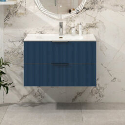 Royal Bathrooms Evora 800mm Midnight Blue Fluted Wall Hung Bathroom Vanity Unit 2 Drawer Cabinet Storage With Ceramic Basin Sink - 1 Tap Hole