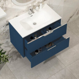 Royal Bathrooms Evora 800mm Midnight Blue Fluted Wall Hung Bathroom Vanity Unit 2 Drawer Cabinet Storage With Ceramic Basin Sink - 1 Tap Hole - thumbnail 5