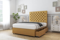 "Sloomy Mayfair Mustard Plush Divan Bed Base 4 Drawers With 26"" Strutted Headboard 4'6 Double" - thumbnail 4