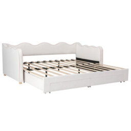 Modernluxe 3Ft Single Bed 90 X 190 Cm Extends To 180 Cm, With Pull-Out Trundle, Drawers, Usb Charging Port, Bouclé, Beige+Pink - thumbnail 8