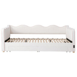 Modernluxe 3Ft Single Bed 90 X 190 Cm Extends To 180 Cm, With Pull-Out Trundle, Drawers, Usb Charging Port, Bouclé, Beige+Pink - thumbnail 9