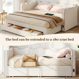 Modernluxe 3Ft Single Bed 90 X 190 Cm Extends To 180 Cm, With Pull-Out Trundle, Drawers, Usb Charging Port, Bouclé, Beige+Pink - thumbnail 6