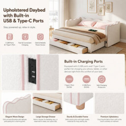 Modernluxe 3Ft Single Bed 90 X 190 Cm Extends To 180 Cm, With Pull-Out Trundle, Drawers, Usb Charging Port, Bouclé, Beige+Pink - thumbnail 5