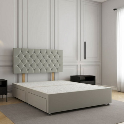 REGIONAL FURNISHINGS Silver Plush Velvet Divan Bed Set Upholstered With 24Inch Headboard & 4 Drawers No Mattress In 3Ft 4Ft 4Ft6 5Ft 6Ft Sizes - image 1