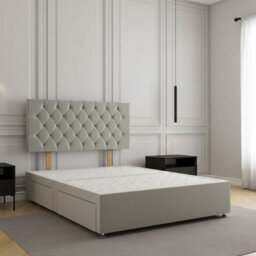 REGIONAL FURNISHINGS Silver Plush Velvet Divan Bed Set Upholstered With 24Inch Headboard & 4 Drawers No Mattress In 3Ft 4Ft 4Ft6 5Ft 6Ft Sizes