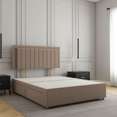 REGIONAL FURNISHINGS Mink Plush Velvet Divan Bed Set Upholstered 24Inch Headboard & 4 Drawers No Mattress In Single Double King 4Ft6 6Ft Sizes - image 1