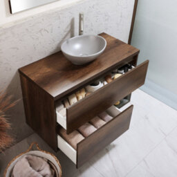 Homestylestore Dark Oak 1000mm Led Lit Wall Hung Bathroom Vanity Unit With Oval Pebble Countertop Basin - thumbnail 2