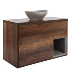 Homestylestore Dark Oak 1000mm Led Lit Wall Hung Bathroom Vanity Unit With Oval Pebble Countertop Basin - thumbnail 1
