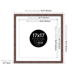 "17X17"" Walnut Picture Frame - 17X17"" Square Frame With 16X16"" Mount For 17X17""/16X16"" Pictures Moderrn Style Thin Edge, 1 Pack" - thumbnail 2