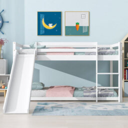 Abrihome Children's Cabin Bunk Bed Frame With Adjustable Ladder And Slide(White, 190X90Cm+200X90Cm)