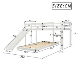 Abrihome Children's Cabin Bunk Bed Frame With Adjustable Ladder And Slide(White, 190X90Cm+200X90Cm) - thumbnail 3