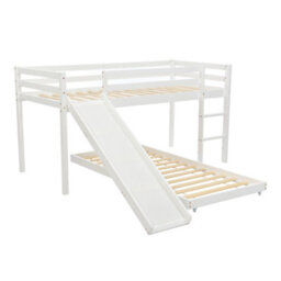 Abrihome Children's Cabin Bunk Bed Frame With Adjustable Ladder And Slide(White, 190X90Cm+200X90Cm) - thumbnail 4
