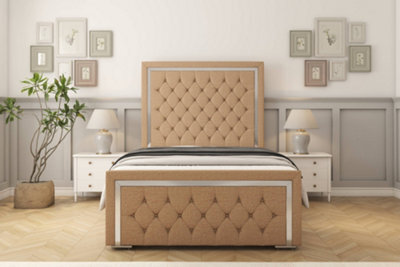 "Sloomy Sofia Chrome Latte Dumfries Bed Frame With Mattress With 50"" Upholstered Headboard 4' Small Double" - image 1