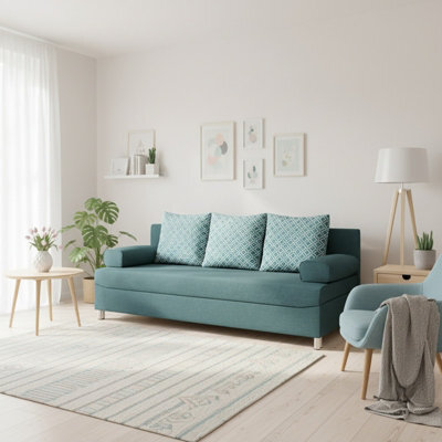 Dover 3 Seater Sofa Bed With Storage Upholstered Back Detachable Cushions 192Cm Turquoise And Printed Cushions - image 1