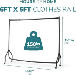 House Of Home Extra Strong Heavy Duty Black Metal 6Ft Long X 5Ft Tall Clothes Rail With Wheels - thumbnail 2