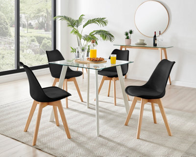 Furniturebox Seattle Scandi Inspired Glass And White Leg Square Dining Table & 4 Black Cushioned Stockholm Beech Wood Leg Chairs - image 1