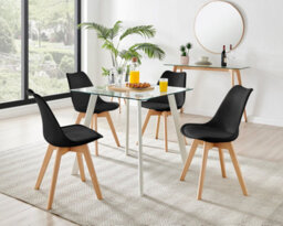 Furniturebox Seattle Scandi Inspired Glass And White Leg Square Dining Table & 4 Black Cushioned Stockholm Beech Wood Leg Chairs - thumbnail 1