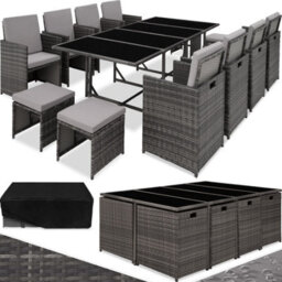 Tectake Garden Table And Chairs Palma - 12 Seats With Cushions, Dining Table, Rain Cover - Grey/light Grey