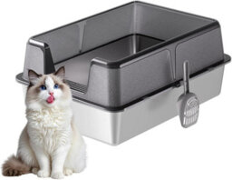 London Boutique Stainless Steel Cat Litter Box High Sides Extra Large Litter Tray With Scoop, Open Top Anti-Splashing Black - thumbnail 6