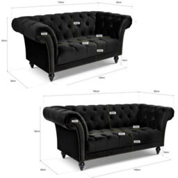 Bravich Cambridge Chesterfield 2 & 3 Seater Sofa Set - Velvet Black - thumbnail 8