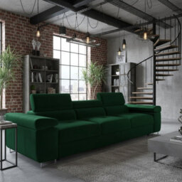 Torezio Three Seater Sofa With Adjustable Headrests For Living Room Chipboard Frame Metal Legs 263X102X70-90Cm Green