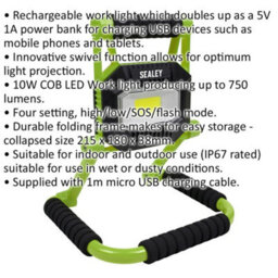 Rechargeable Portable Floodlight - 10W Cob Led - Ip67 Rated - Adjustable Swivel - thumbnail 2