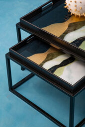 Orsina Set Of 2 Assorted Colour Nesting Tables, Abstract Art Tempered Glass Tops With Removable Tray Feature - thumbnail 3