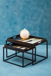 Orsina Set Of 2 Assorted Colour Nesting Tables, Abstract Art Tempered Glass Tops With Removable Tray Feature - thumbnail 2