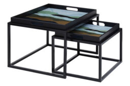 Orsina Set Of 2 Assorted Colour Nesting Tables, Abstract Art Tempered Glass Tops With Removable Tray Feature - thumbnail 1