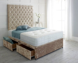 "Slumbre Chesterfield Crushed Velvet Divan Bed, With Pocket Mattress & 36"" Headboard - 4Ft6 Double - Gold - 2 Drawers Same Side"
