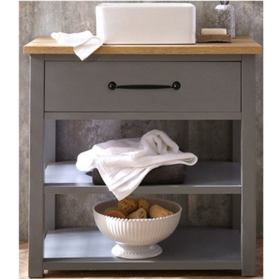 Homestylestore Light Grey And Oak 840mm Bathroom Cloakroom Vanity Unit With Square Countertop Basin And Black T Bar Handle - image 1