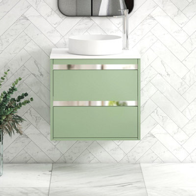 Royal Bathrooms Orion 600mm Mint Sage Wall Hung Vanity Unit 2 Drawer With Plain White Undrilled Worktop & Chrome Accent Trim - image 1
