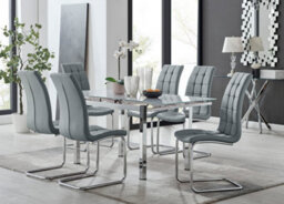 Furniturebox Uk 6 Seater Dining Set - Enna White Glass & Chrome Extendable Dining Table & Chairs - 6 Grey Leather Murano Chairs - thumbnail 1